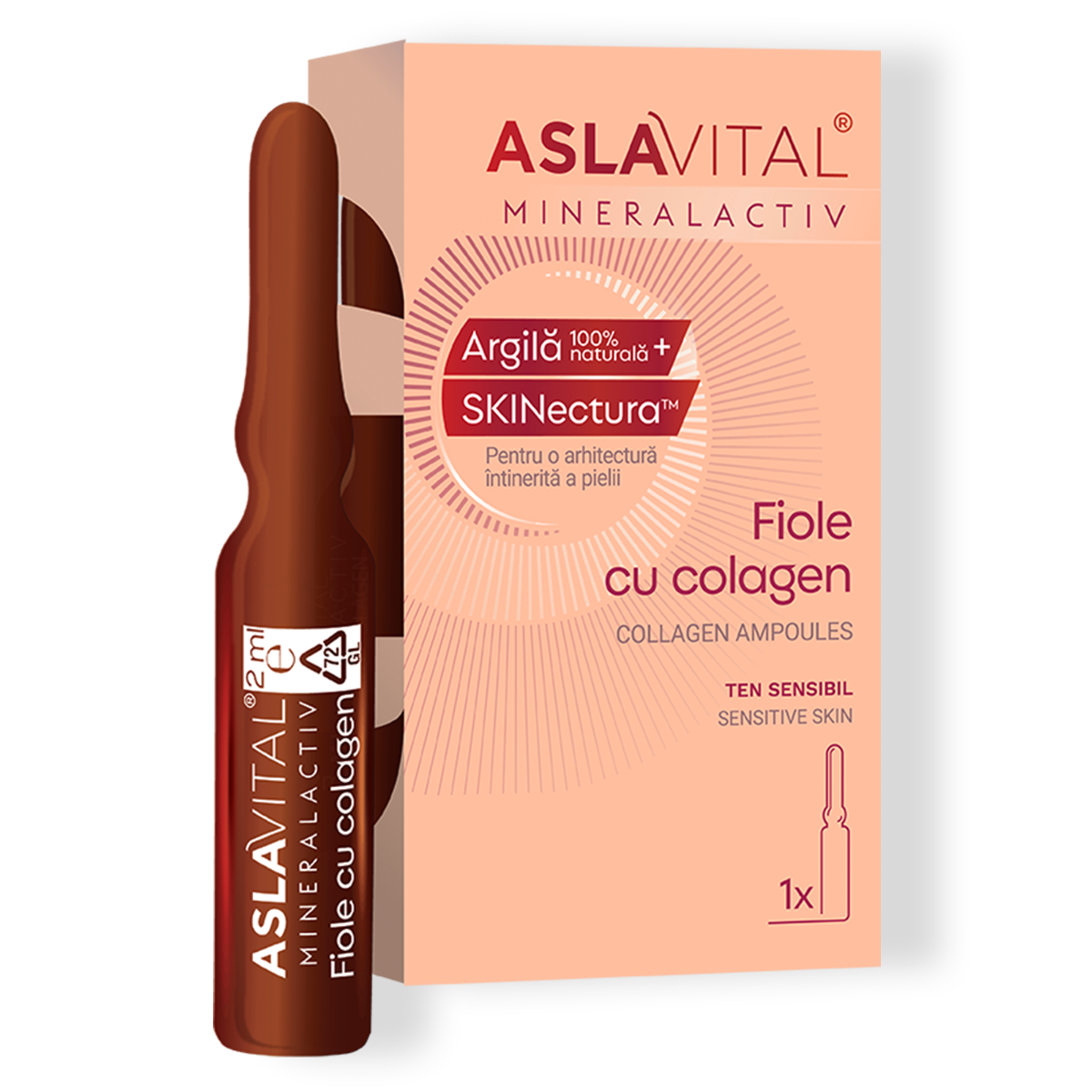 Fiolă Colagen și Elastină  Hidratare, Fermitate și Protecție Pentru Ten Sensibil, Aslavital Mineralactiv, 1 Fiola X 2 Ml