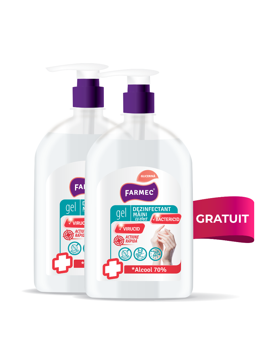 Pachet promo 1 + 1 gratuit gel dezinfectant mini cu alcool 70% și glicerină, 500 ml