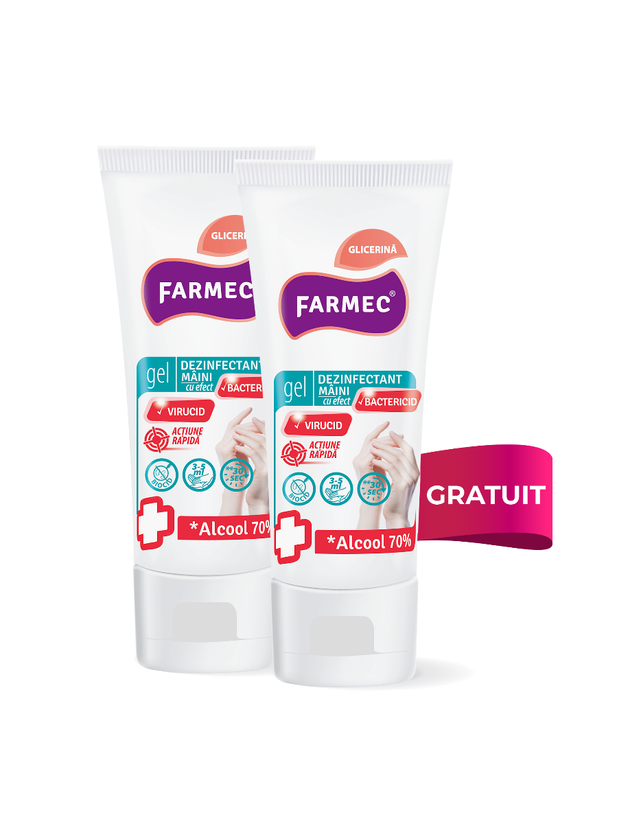 Pachet Promo 1 + 1 Gratuit Gel Dezinfectant Mini Cu Alcool 70% și Glicerină, 50 Ml