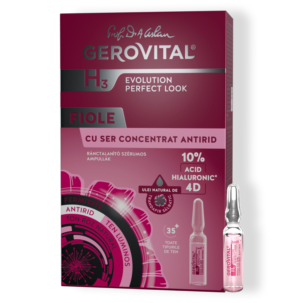 Fiole Cu Acid Hialuronic 10% 4d - Ser Concentrat Antirid Cu Efect Optic Instant, Gerovital H3 Evolution Perfect Look, 10 Fiole X 2 Ml