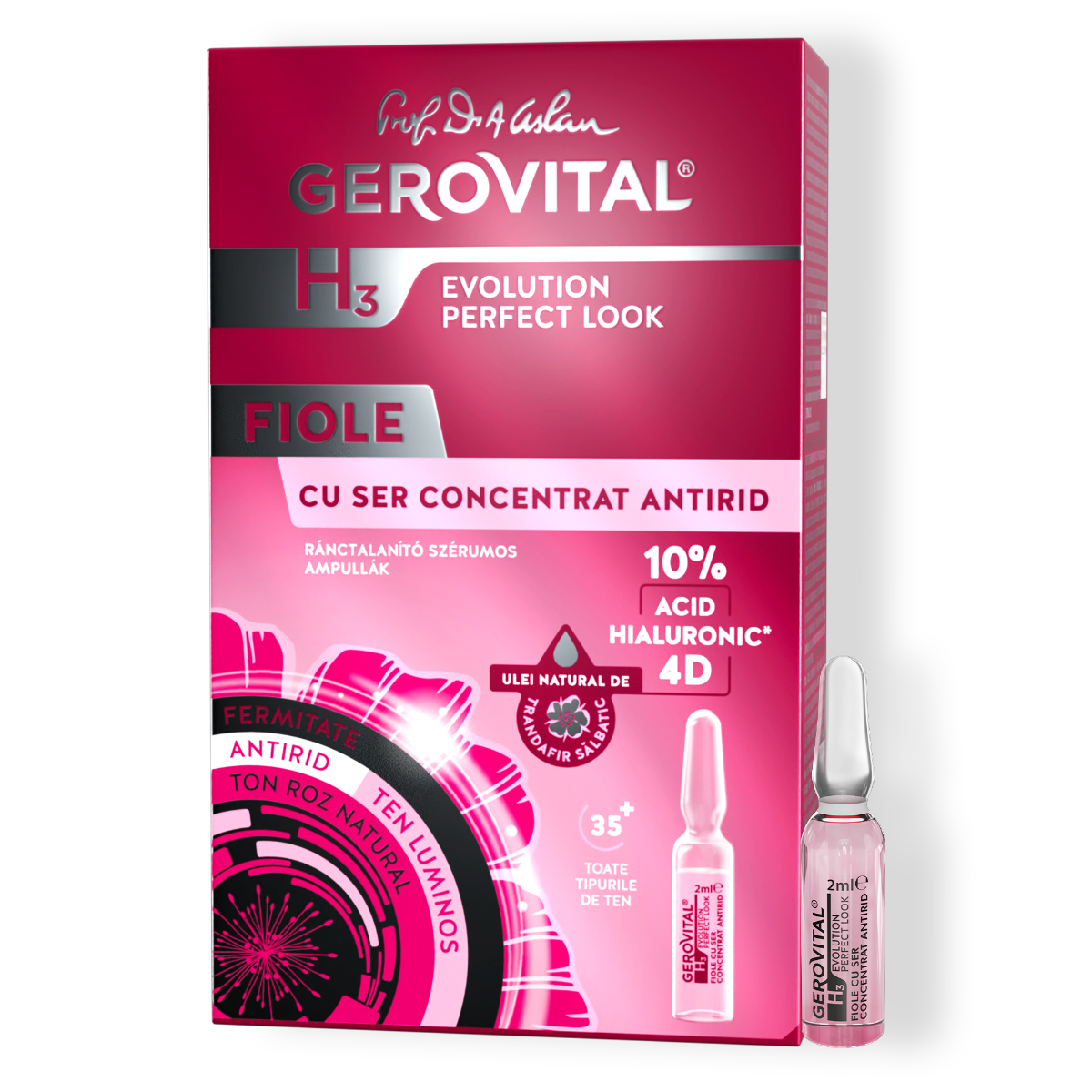 Fiole Cu Acid Hialuronic 10% 4d - Ser Concentrat Antirid Cu Efect Optic Instant, Gerovital H3 Evolution Perfect Look, 10 Fiole X 2 Ml