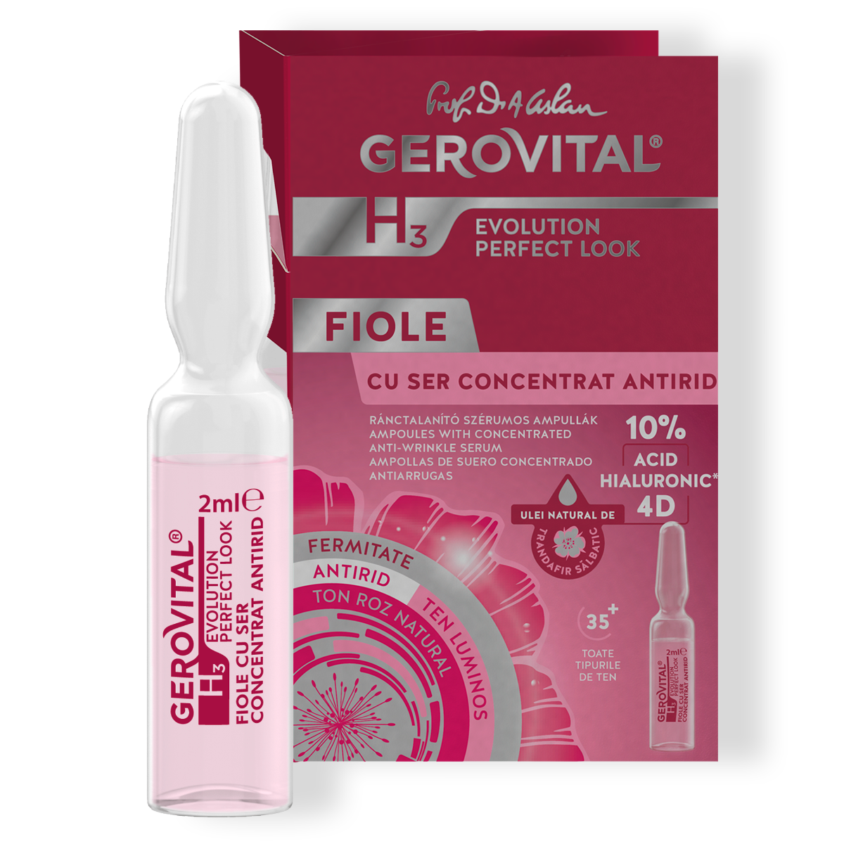 Fiolă Cu Acid Hialuronic 10% 4d - Ser Concentrat Antirid Cu Efect Optic Instant, Gerovital H3 Evolution Perfect Look, 2 Ml