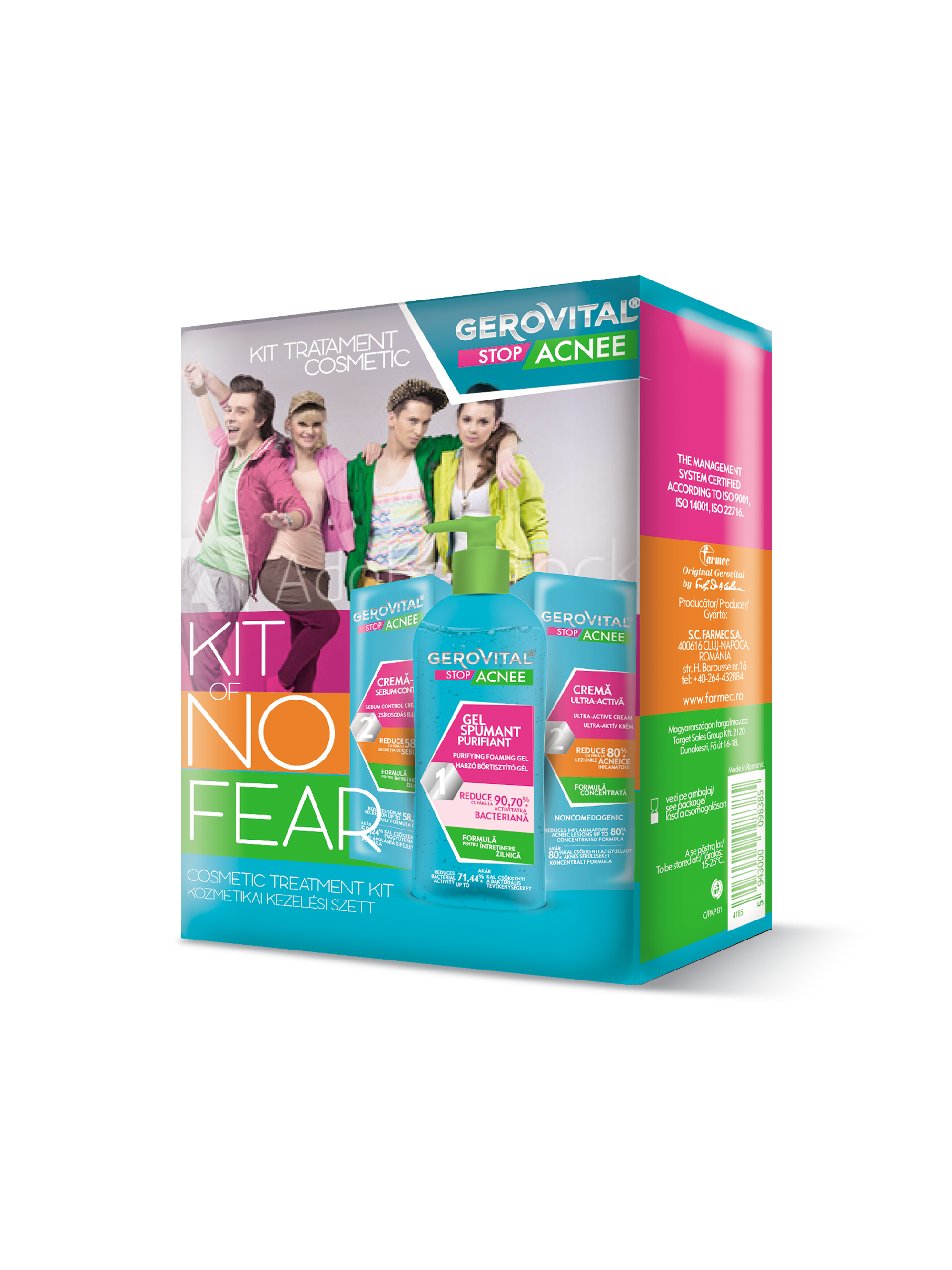 Kit Tratament Antiacnee: Gel De Curățare Spumant, Cremă Antiacneică Ultra-activă, Cremă Sebum Control Matifiantă, Gerovital Stop Acnee