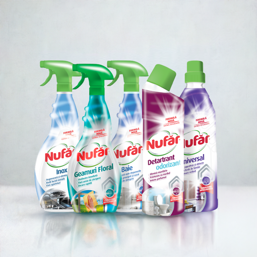 Pachet Curățenie Baie: Produse Nufăr și Triumf Pentru Inox, Geamuri și Suprafețe Lavabile