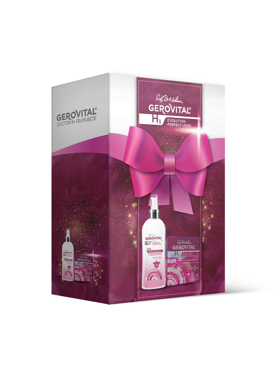 Set Cadou Femei Gerovital H3 Evolution Perfect Look: Cremă Hidratantă și Apă Micelară Bifazică Cu Acid Hialuronic și Ulei De Trandafir