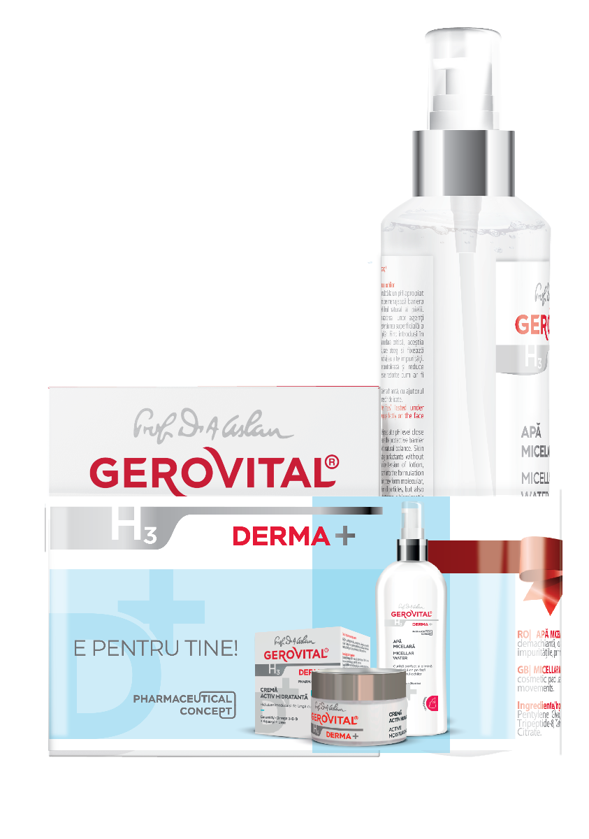Set Gerovital H3 Derma+ Hidratare Intensivă și Curățare Delicată: Cremă Activ Hidratantă 24h și Apă Micelară, 50 Ml/ 150 Ml