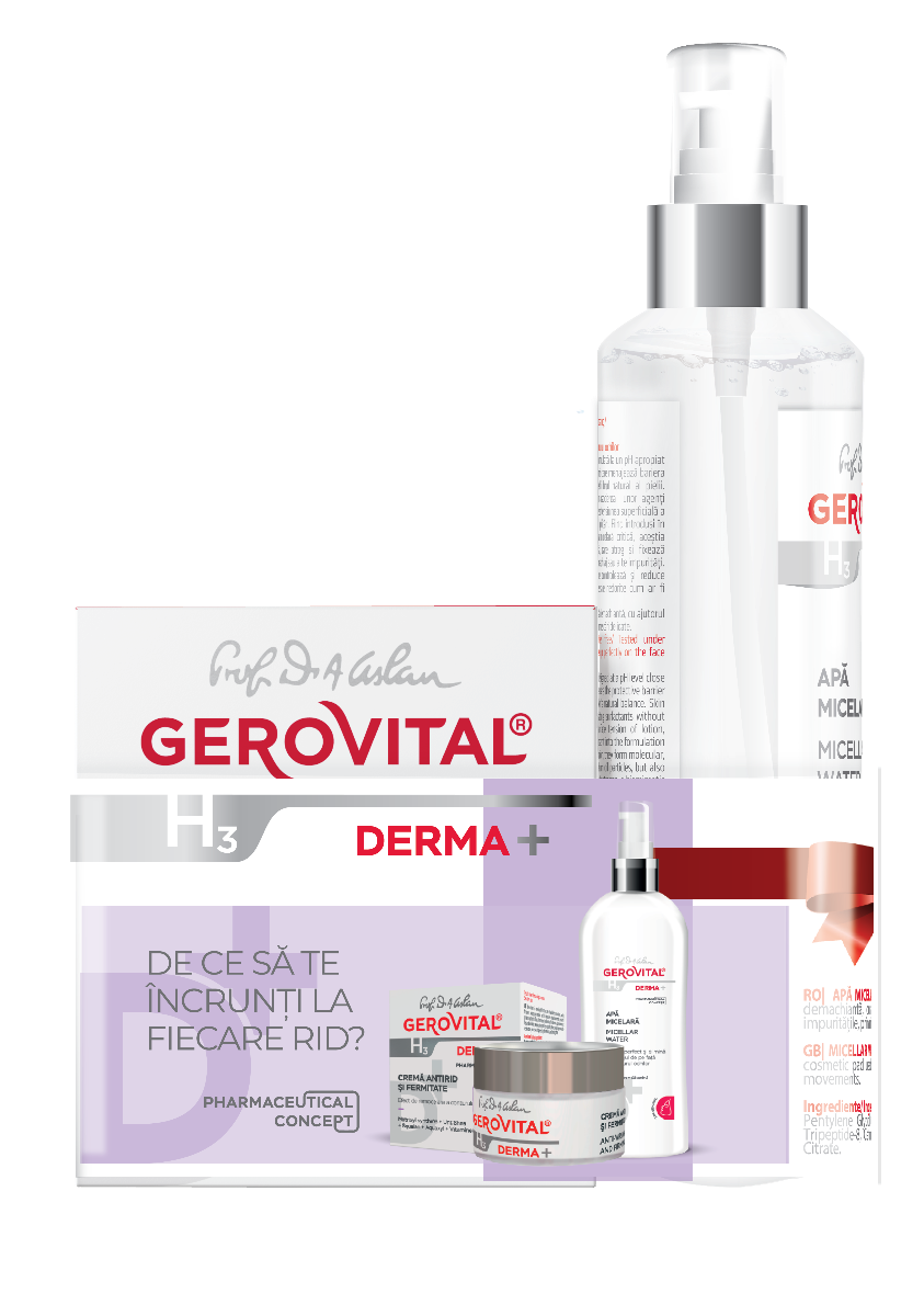 Set Gerovital H3 Derma+ Fermitate, Regenerare și Curățare Delicată: Cremă Antirid și Fermitate și Apă Micelară, 50 Ml/ 150 Ml