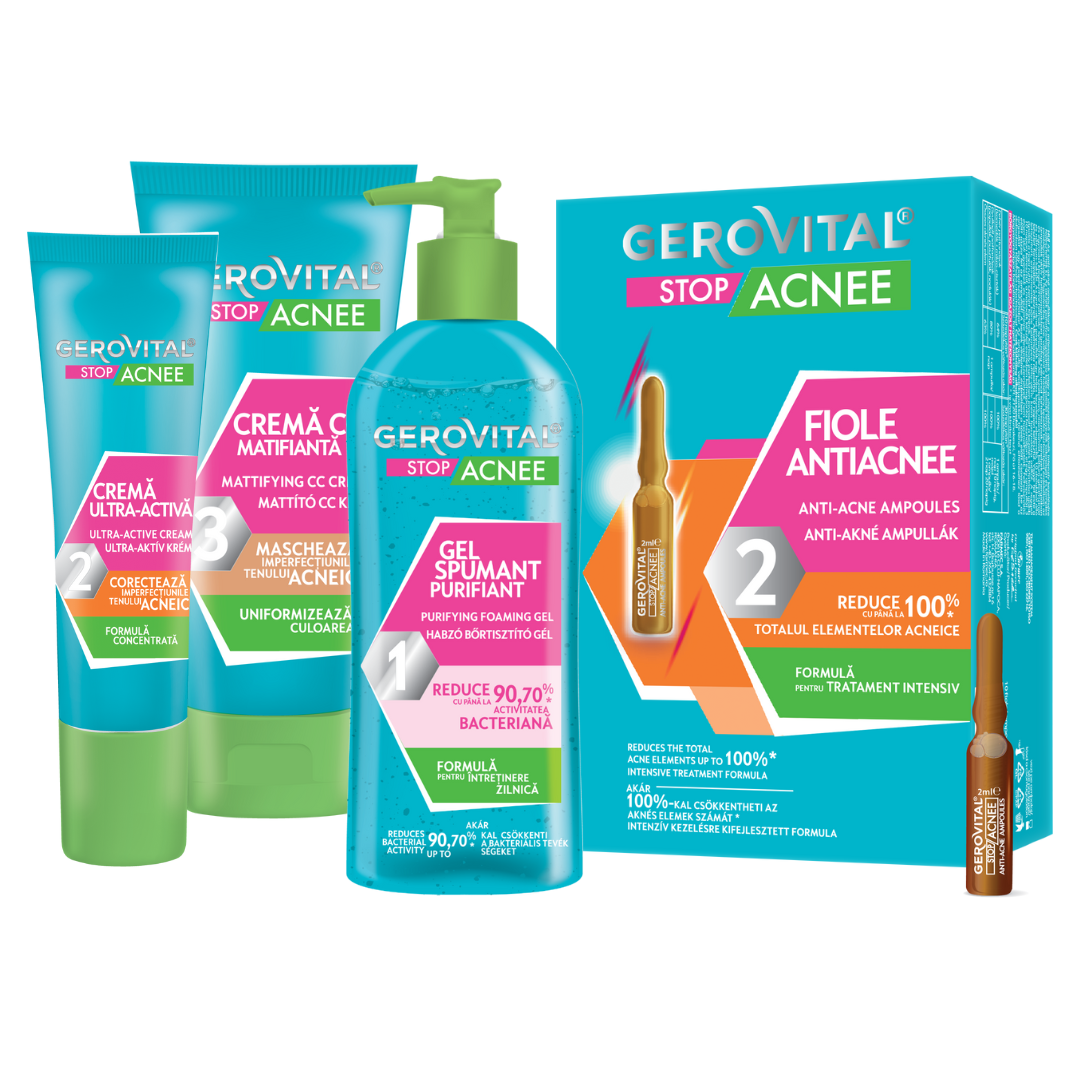 Set Cadou Gerovital Stop Acnee: Gel De Curățare, Tratament n Fiole, Cremă Ultra-activă și Cremă Cc Matifiantă