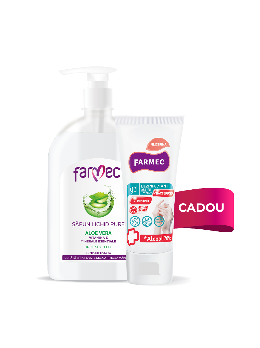 Pachet promo săpun lichid pure aloe vera 500 ml + cadou gel dezinfectant mini cu alcool 70% și glicerină 50 ml