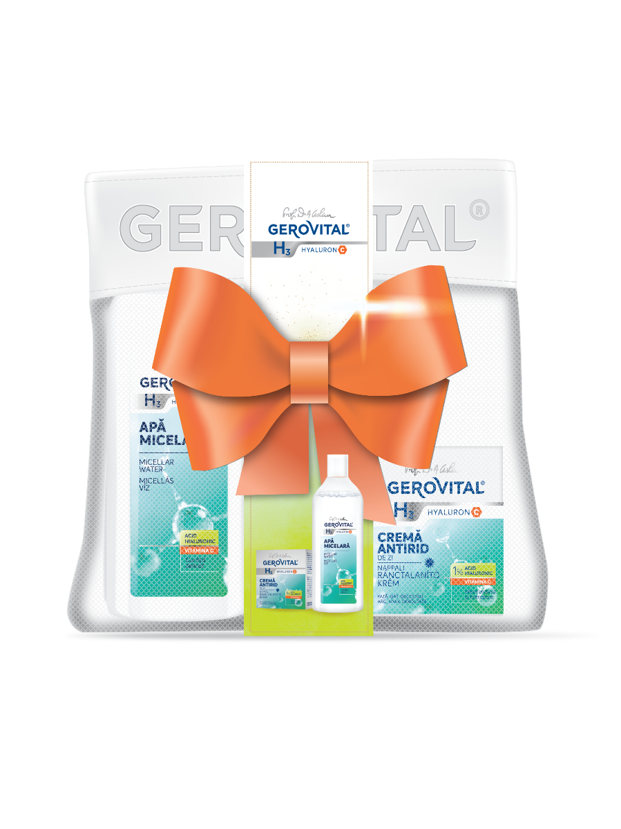 Set Cadou Femei Gerovital H3 Hyaluron C: Cremă De Zi Antirid și Apă Micelară + Borsetă Cadou