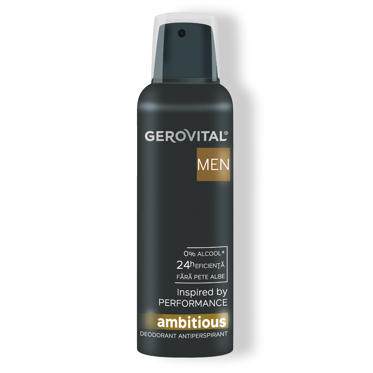 Deodorant Antiperspirant Ambitious  Protecție 24h, Fără Alcool, Aromă De Lemn De Cedru, Patchouli și Ambră, Gerovital Men, 150 Ml