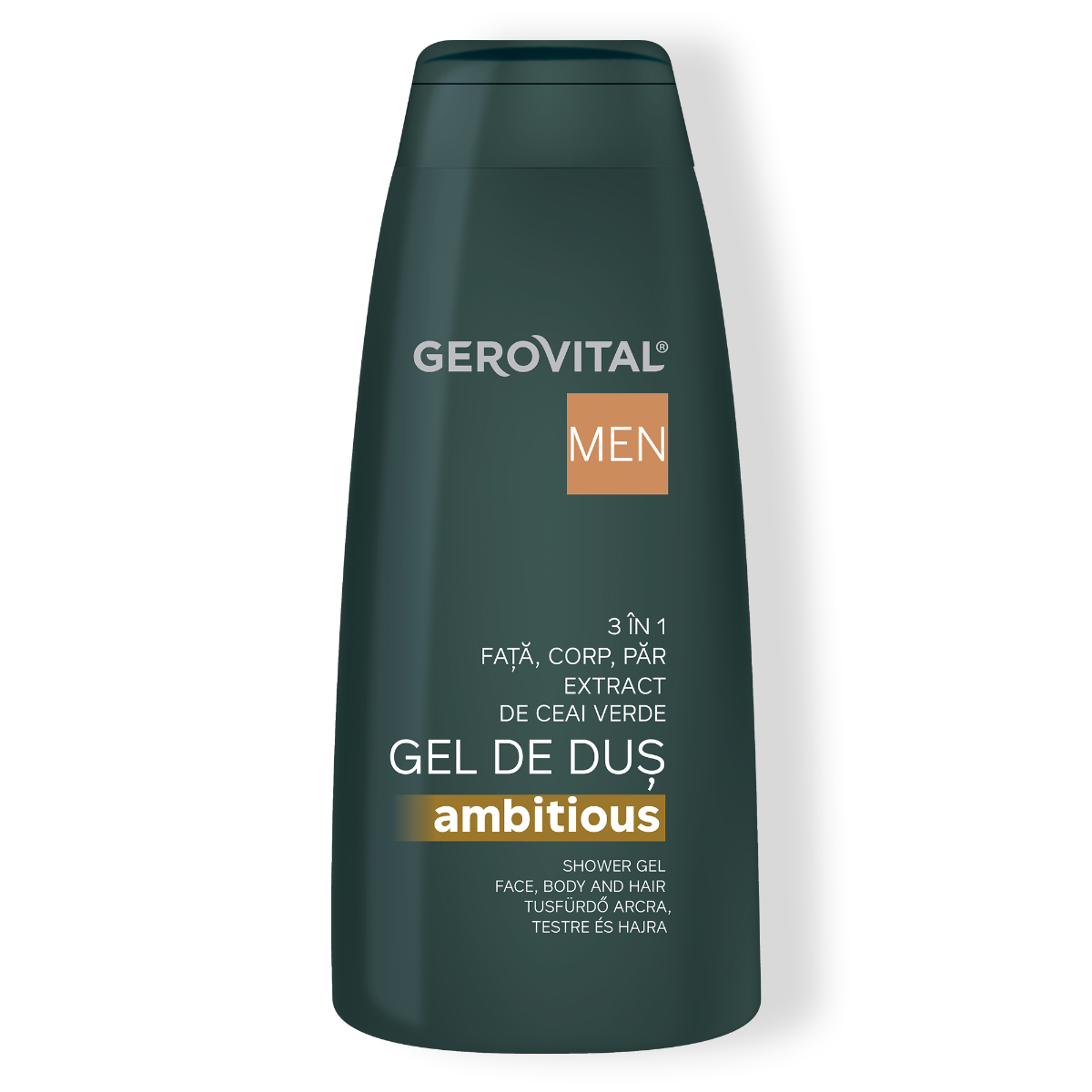 Gel De Duș 3 n 1 Ambitious Cu Ceai Verde, Panthenol și Lemn De Cedru  Curățare și Hidratare Pentru Față, Corp și Păr, Gerovital Men, 400 Ml
