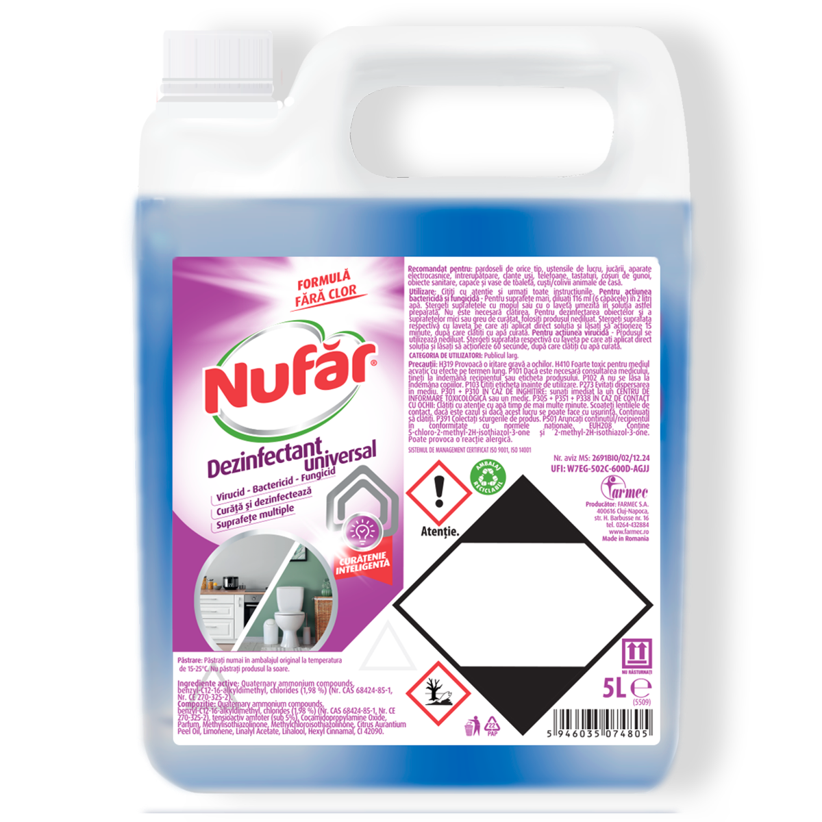 Nufăr Dezinfectant Universal Fără Clor, Pentru Toate Suprafețele Din Casă, Parfum Plăcut, 5 L