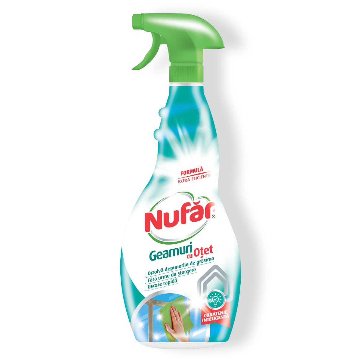 Nufăr Soluție Geamuri Cu Oțet Pentru Curățare Rapidă, Strălucire Fără Pete, Cu Peliculă Protectoare - 500 Ml