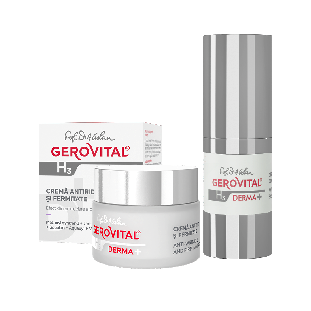 Set Cadou Gerovital H3 Derma+: Cremă Antirid Contur Ochi și Cremă Antirid și Fermitate