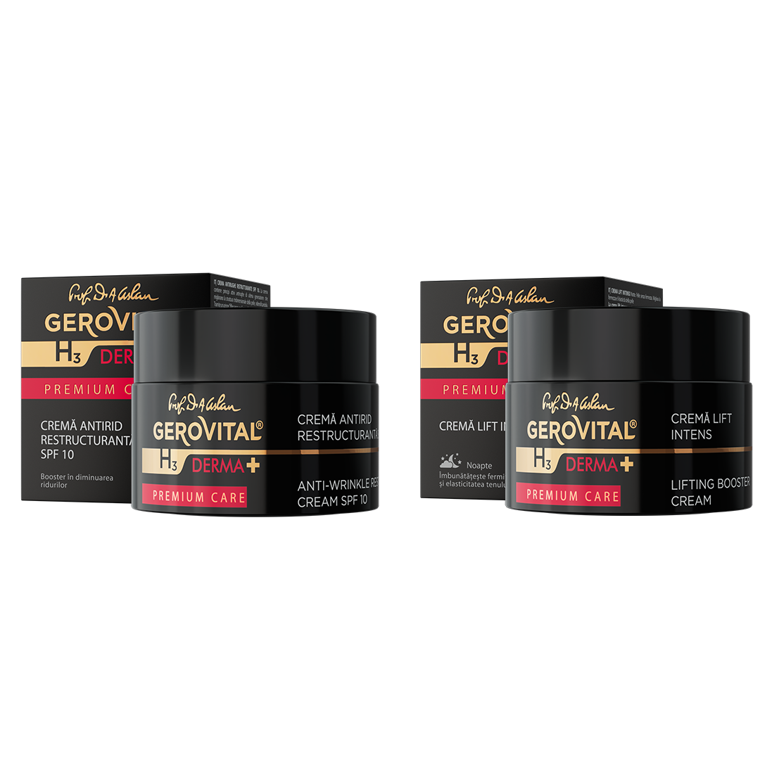 Set Cadou Gerovital H3 Derma+ Premium Care: Cremă Antirid Restructurantă Spf 10 și Cremă Lift Intens