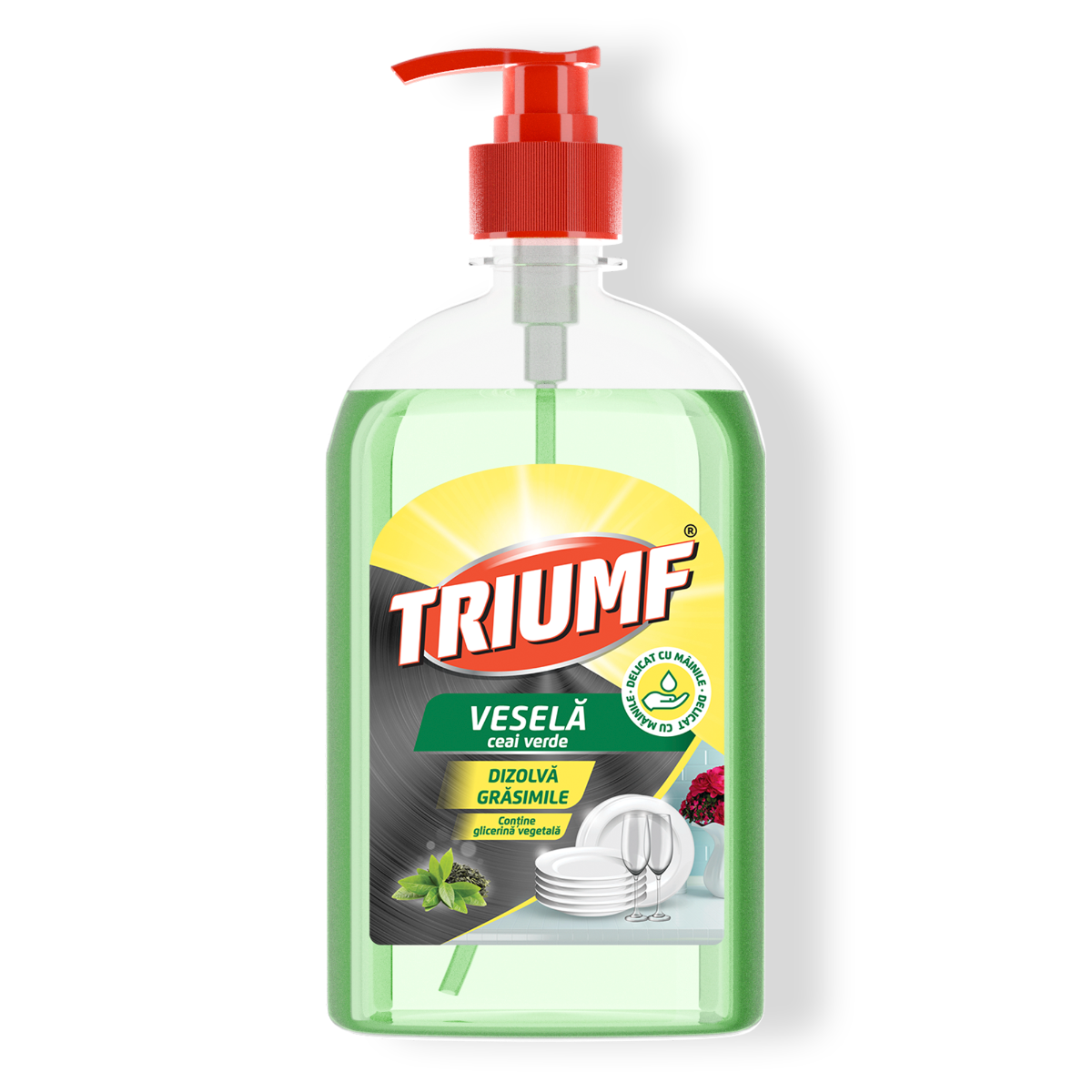 Triumf Detergent De Vase Cu Glicerină și Ceai Verde, Curăță Grăsimea, Blnd Cu Minile, 500 Ml