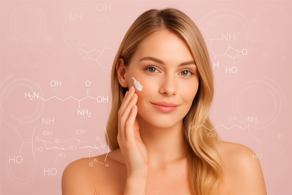 tanara cu crema pe fata si elemente de acid hialuronic