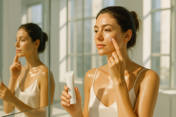 tanara care isi aplica protectie solara pe ten