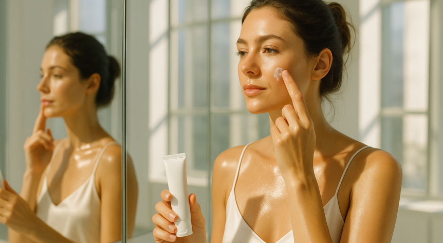 tanara care isi aplica protectie solara pe ten