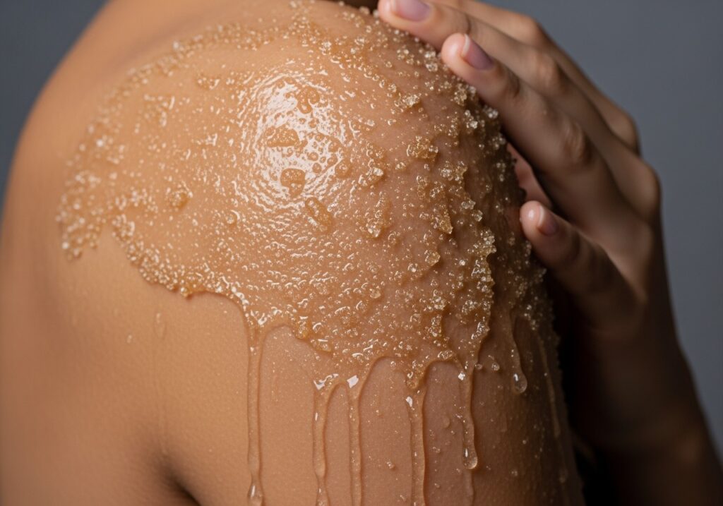 close up femeie cu exfoliant pe umar