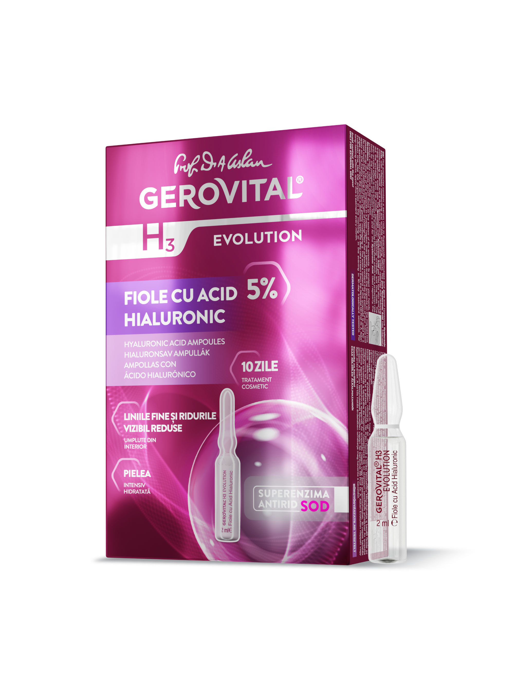 Fiole cu 5% Acid Hialuronic – Hidratare Profundă, Riduri Estompate și Elasticitate Crescută, Gerovital H3 Evolution, 10 fiole x 2 ml