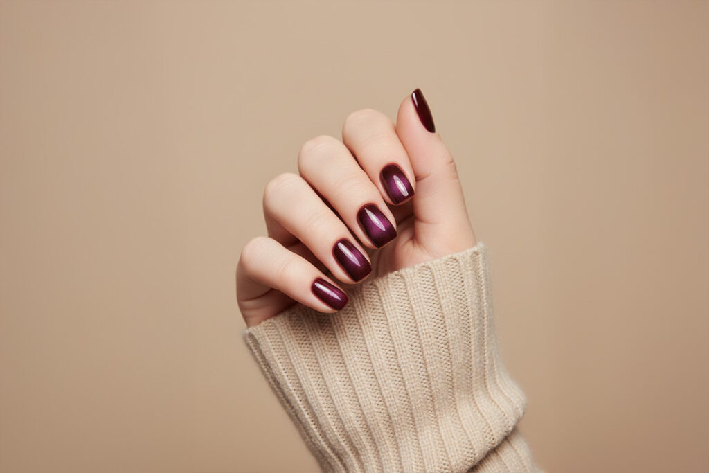 manichiura de toamna, burgundy, cat eye effect