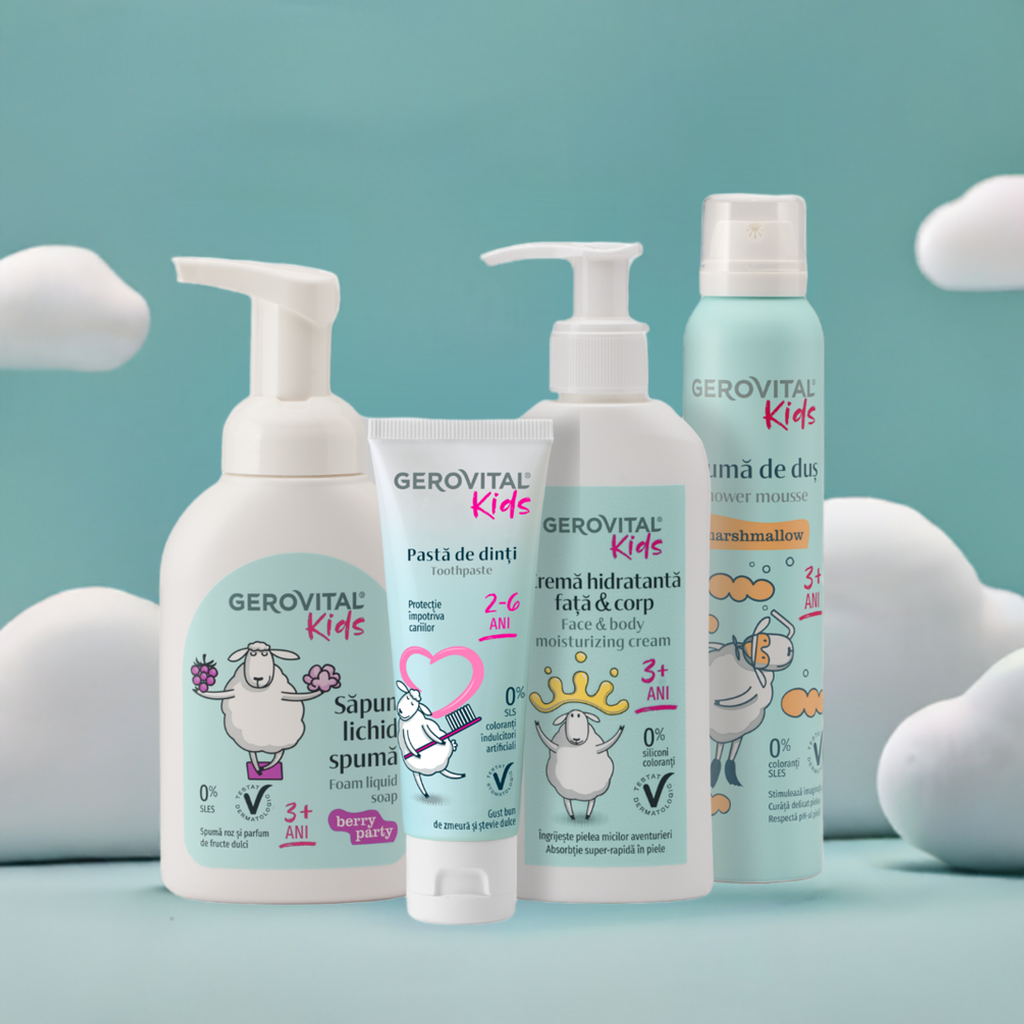 
Set Cadou pentru Copii Gerovital Kids: Spumă de Duș, Săpun Lichid, Cremă Hidratantă și Pastă de Dinți