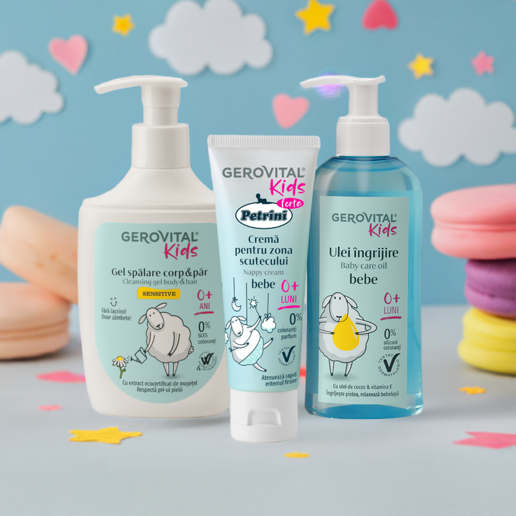 Set Cadou Gerovital Kids – Îngrijire Bebeluși: Cremă pentru zona Scutecului, Ulei Îngrijire, Gel Spălare Corp și Păr