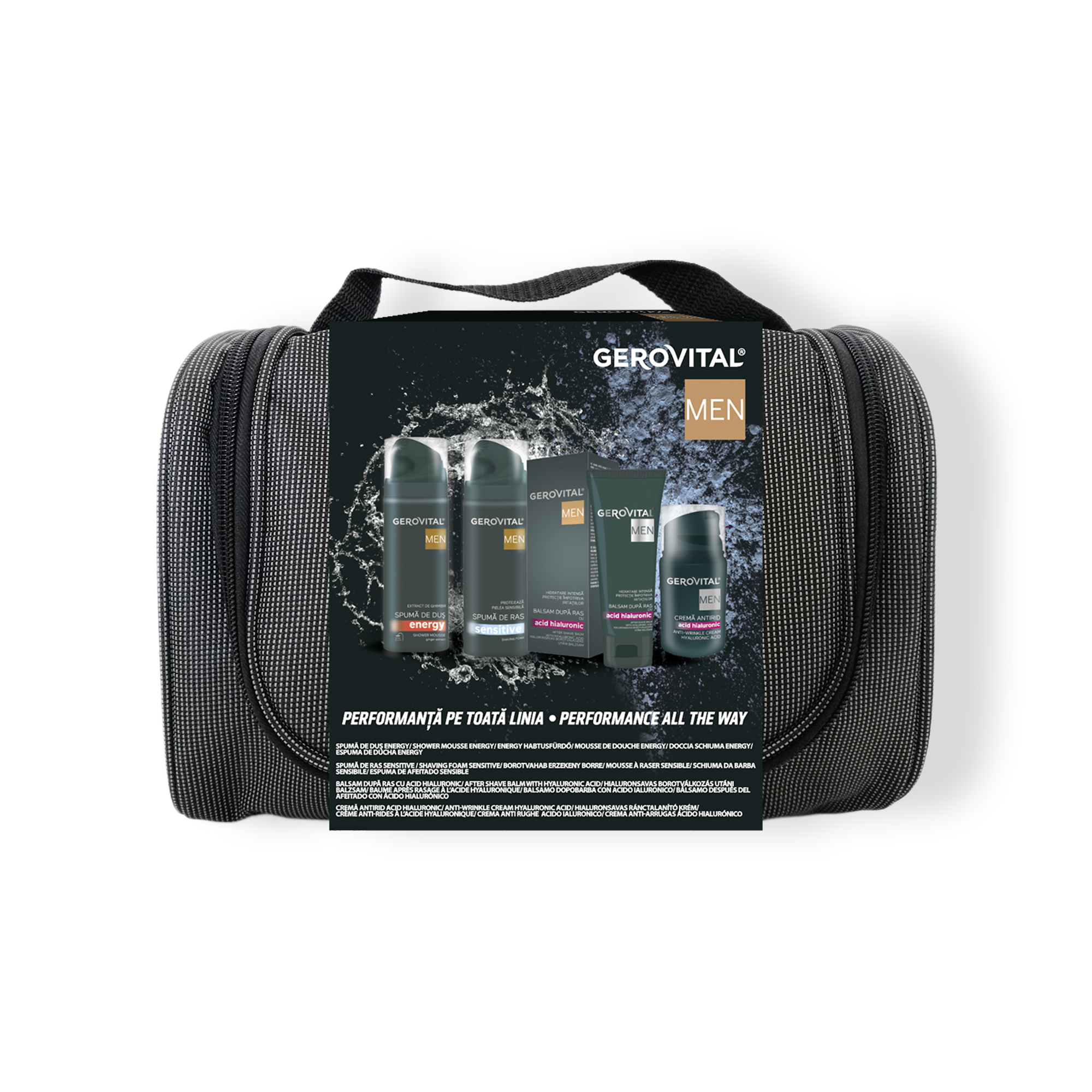 Set Cadou Bărbați Gerovital Men: Cremă Antirid, Spumă de ras, Balsam după ras, Spumă de duș + Borsetă Cadou