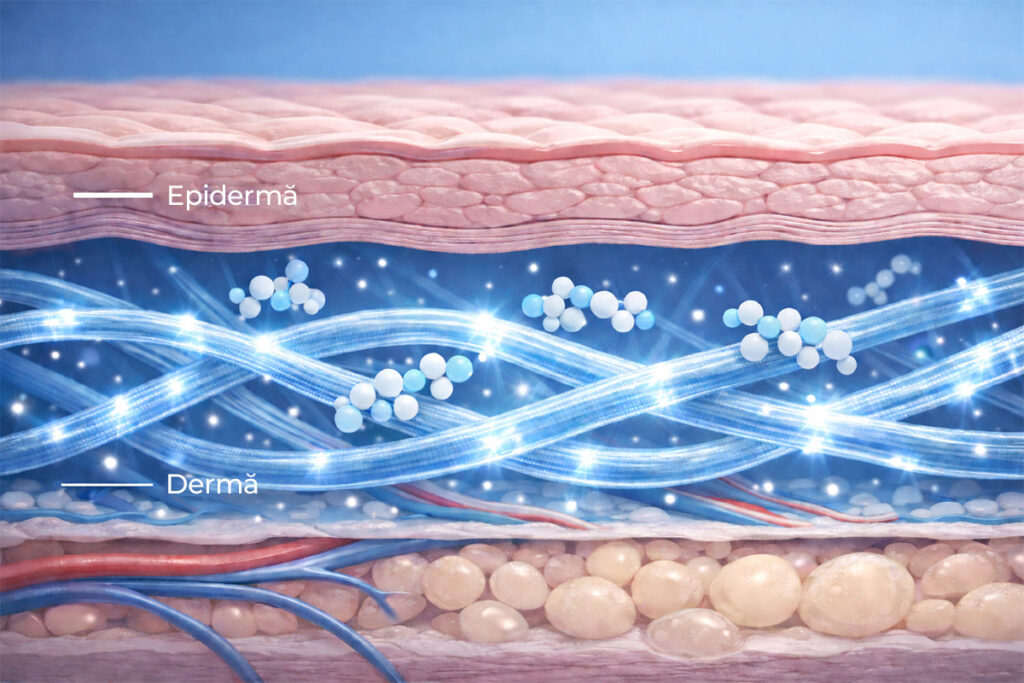 ilustratie mecanism de actiune al peptidelor in stimularea colagenului la nivelul pielii