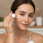 femeie aplicând ser cu peptide pentru fermitatea tenului