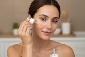 femeie aplicând ser cu peptide pentru fermitatea tenului