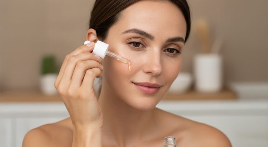 femeie aplicând ser cu peptide pentru fermitatea tenului