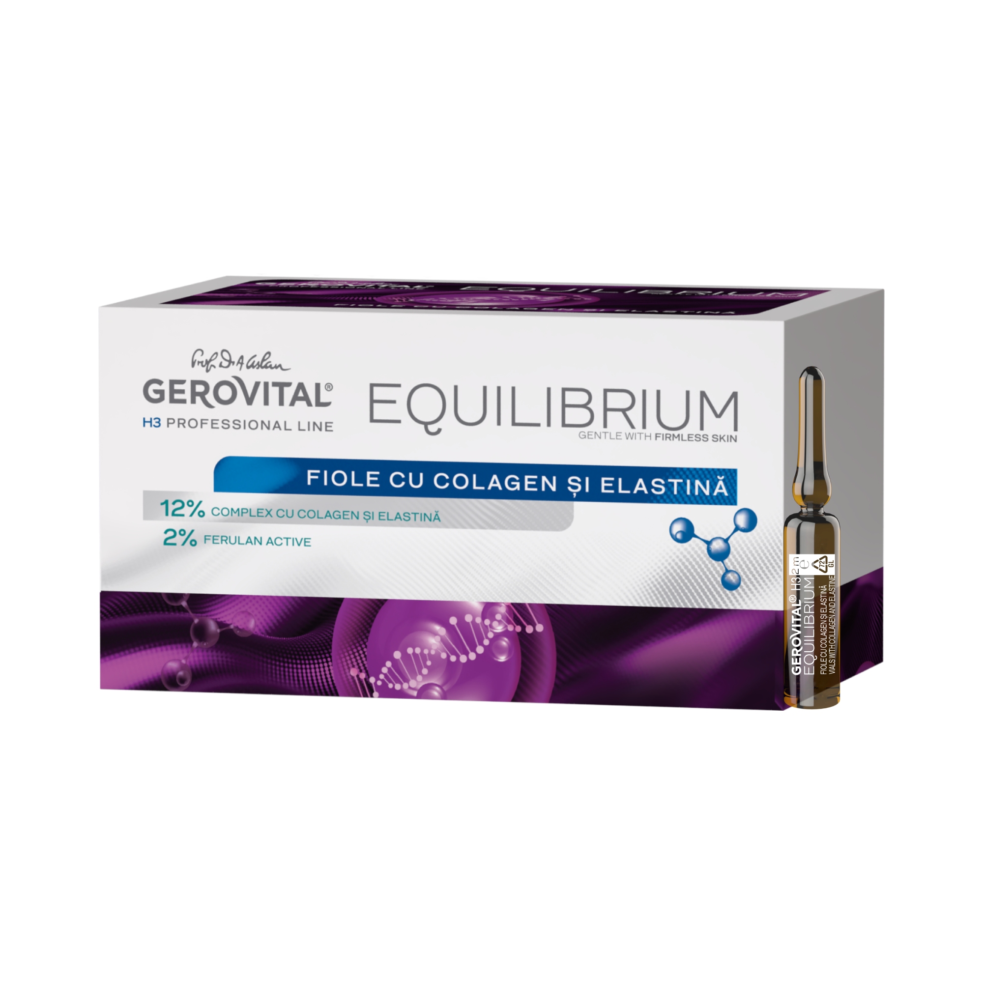 Fiole cu Colagen și Elastină 12% Complex Marin pentru Elasticitate și Reducerea Ridurilor, Gerovital H3 Equilibrium, 20 fiole x 2 ml