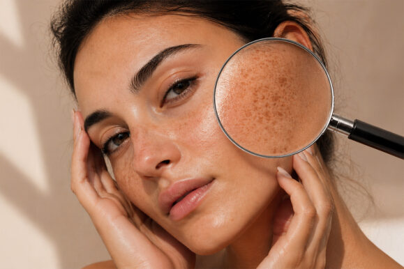 femeie cu ten cu pete maronii