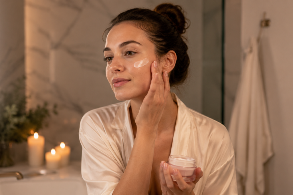 femeie care aplica crema cu retinol pe ten