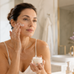 femeie de 40 de ani aplica crema cu retinol pe fata