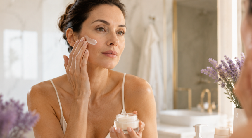 femeie de 40 de ani aplica crema cu retinol pe fata