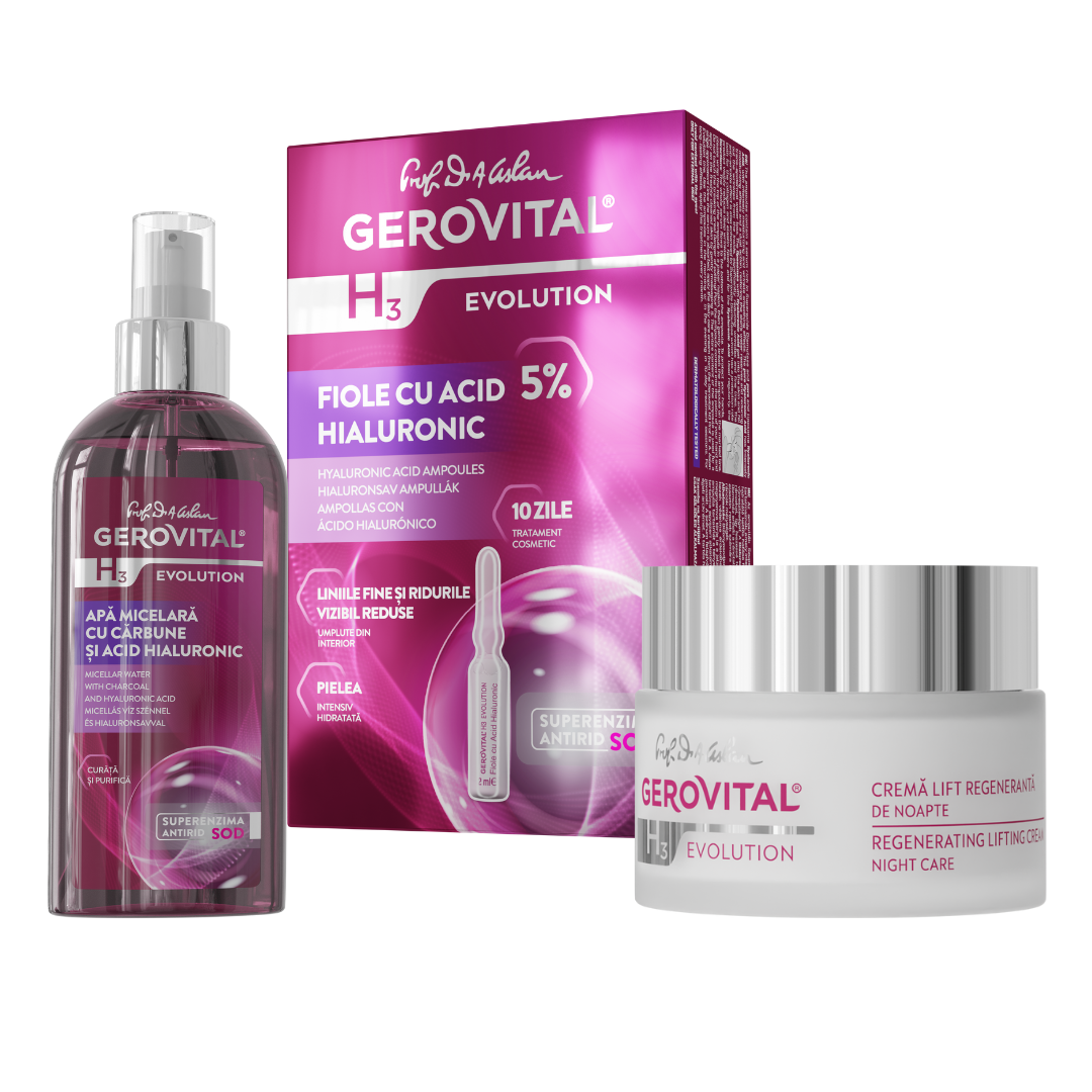 Set Cadou Gerovital H3 Evolution: Apă Micelară Cu Cărbune, Fiole Cu Acid Hialuronic și Cremă Lift Regenerantă De Noapte