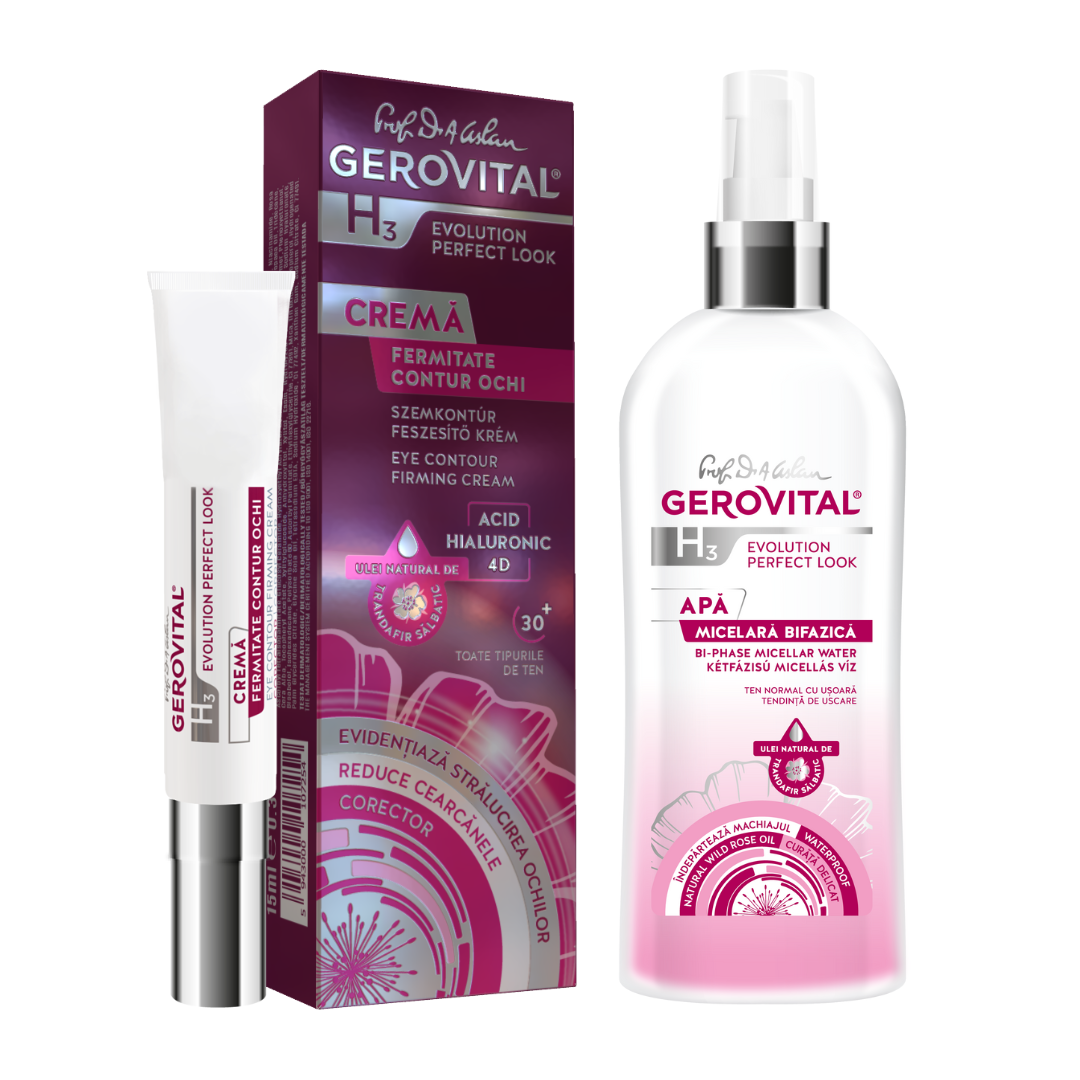 Set Cadou Gerovital H3 Evolution Perfect Look: Apă Micelară Bifazică și Cremă Fermitate Contur Ochi