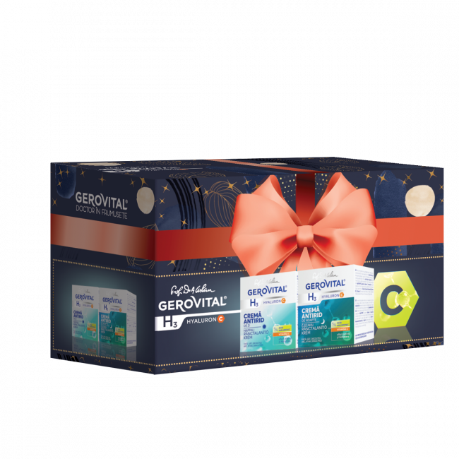 HQserum VCserum Rejuvie3セット Casetă Cadou Gerovital H3 Hyaluron C: Cremă de Zi + Cremă de Noapte