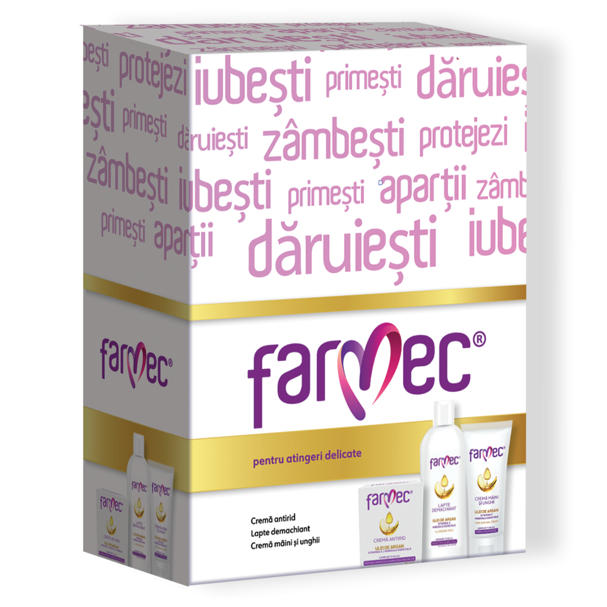CASETA FARMEC ARGAN 6030 FARMEC-crema maini si unghii 100ml 6210 FARMEC-crema antirid 50ml 6250 FARMEC-lapte demachiant 150ml