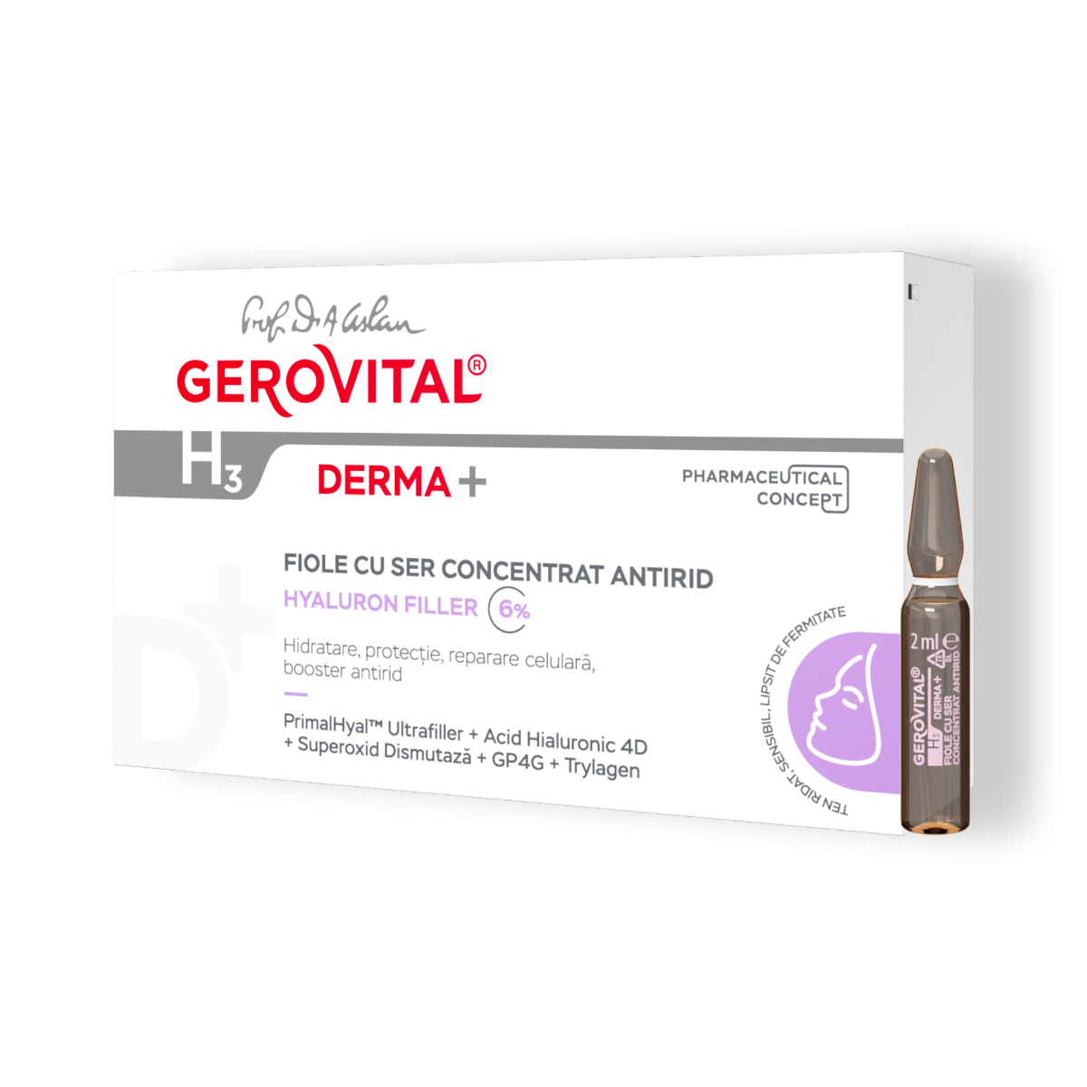 Fiole cu 6% Ser Concentrat Antirid Hyaluron Filler – Umplere Riduri și Regenerare, Gerovital H3 Derma+, 10 fiole x 2 ml