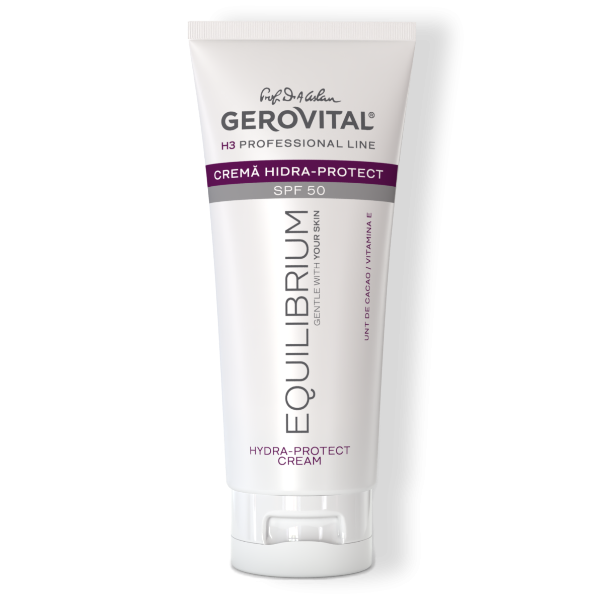 Cremă Hidra-Protect SPF 50 cu Vitamina E și Unt de Cacao, protecție UVA/UVB ridicată, Gerovital H3 Equilibrium, 100 ml