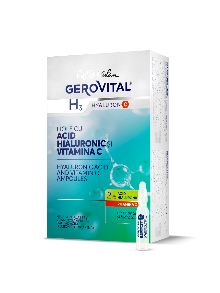 Fiole cu Acid Hialuronic 2% și Vitamina C – Hidratare, Netezire Riduri și Antiîmbătrânire, Gerovital H3 Hyaluron C, 10 fiole x 2 ml