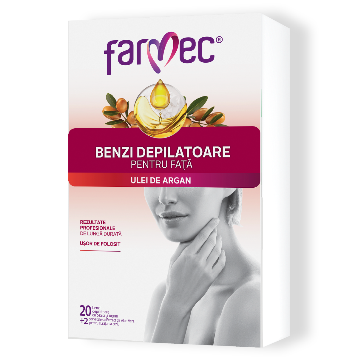 Benzi Depilatoare Pentru Față Cu Ceară Albă și Ulei De Argan, Farmec, 20 Benzi