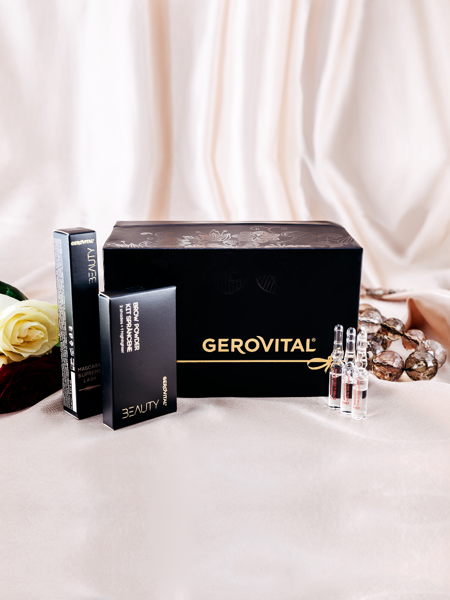 Caseta Gerovital H3 Evolution + Beauty: 10 Fiole Cu Acid Hialuronic 5% + Kit Sprancene + Mascara Supreme Lash
