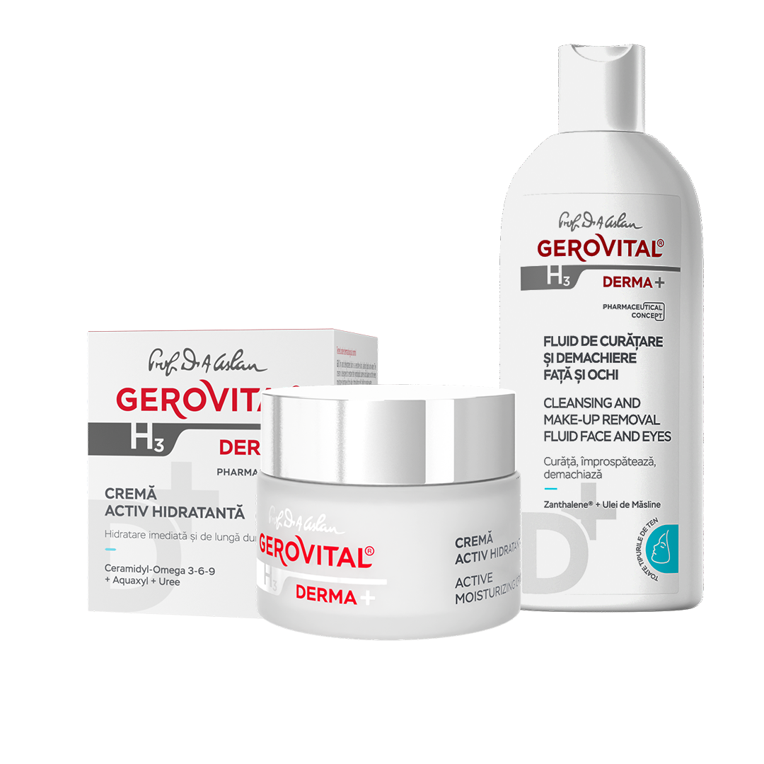Set Cadou Gerovital H3 Derma+: Fluid De Curățare și Demachiere și Cremă Activ Hidratantă 24h