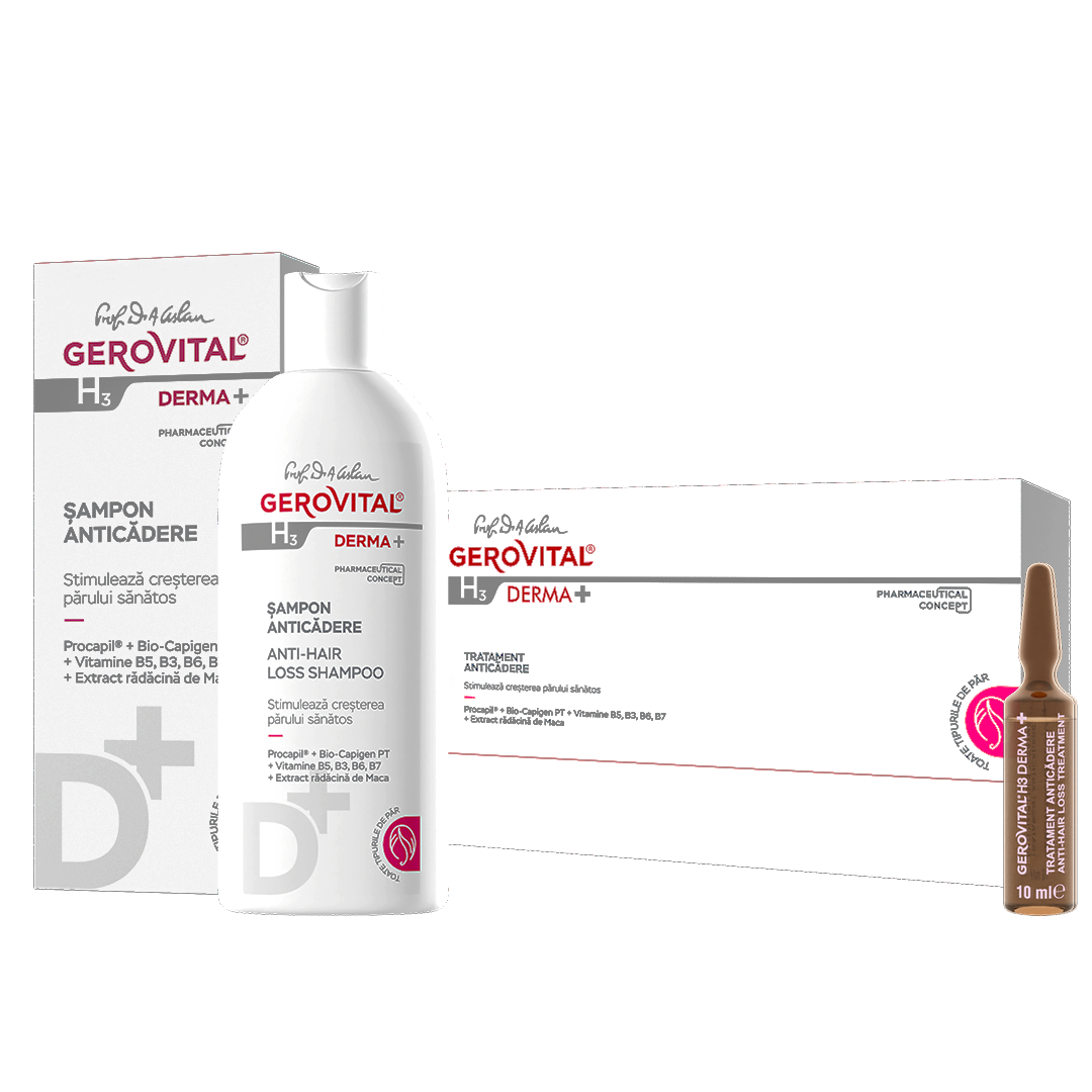 Set Cadou Gerovital H3 Derma+: Șampon și Fiole Tratament Anticădere